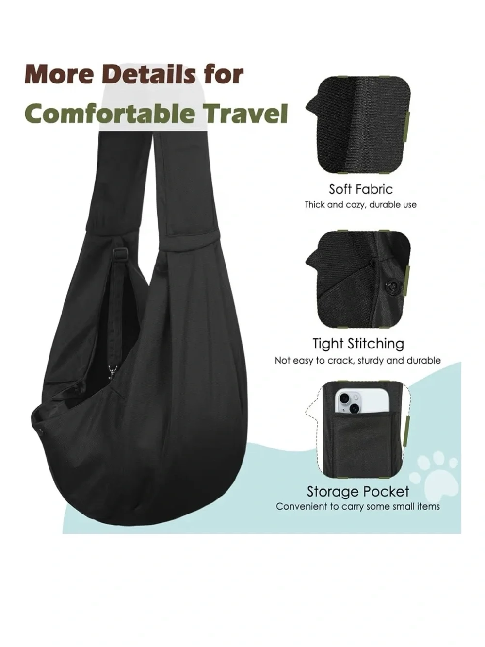 Pawaboo Black Pet Sling Carrier - Comfortable Hands-Free Dog & Cat Sling New